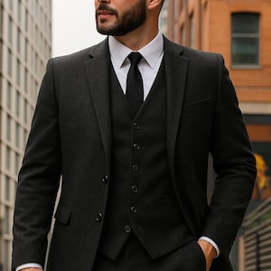 Mens Tweed Wool Suit - Custom Tailored Three Piece, Sharp Silhouette Fit, Durable Wool Fabric, Winter Wedding Formal Wear
