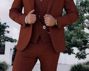 Terrakotta Slim Fit Hochzeitsanzug - Maßgeschneidertes dreiteiliges Outfit
