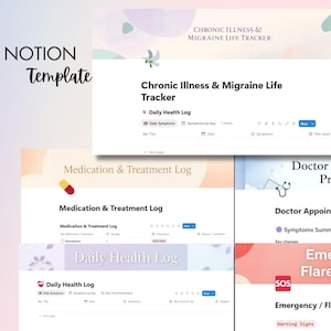 May include: A digital Notion template for tracking chronic illness and migraine symptoms. The template includes sections for daily health logs, medication and treatment logs, doctor appointment prep sheets, and an emergency/flare-up plan. The design is clean and organized.