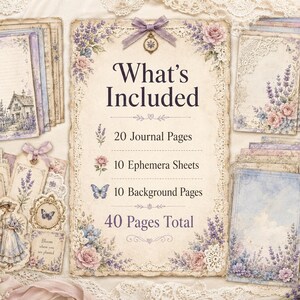 May include: A collection of 40 decorative paper pages featuring lavender and floral motifs. The central sheet lists: What's Included, 20 Journal Pages, 10 Ephemera Sheets, 10 Background Pages, 40 Pages Total. Includes illustrations of houses, butterflies, and people.