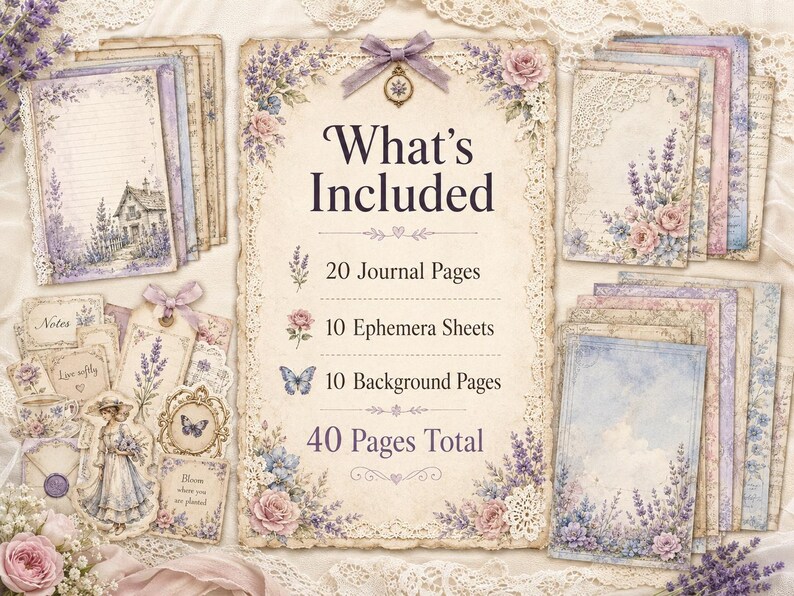 May include: A collection of 40 decorative paper pages featuring lavender and floral motifs. The central sheet lists: What's Included, 20 Journal Pages, 10 Ephemera Sheets, 10 Background Pages, 40 Pages Total. Includes illustrations of houses, butterflies, and people.