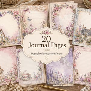 May include: A collection of 20 journal pages featuring bright floral designs, illustrations of rabbits, cottages, and teacups, with lace accents and lined writing areas. The central text reads 20 Journal Pages Bright floral cottagecore designs.