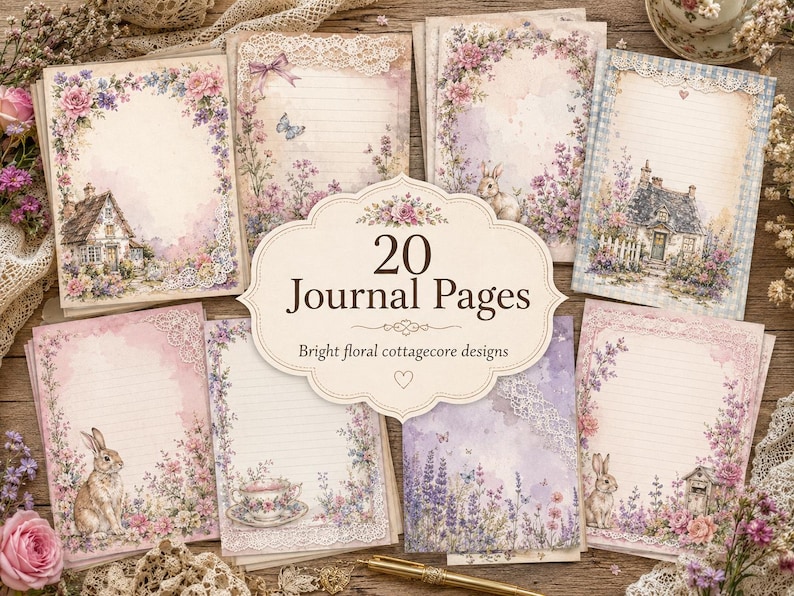May include: A collection of 20 journal pages featuring bright floral designs, illustrations of rabbits, cottages, and teacups, with lace accents and lined writing areas. The central text reads 20 Journal Pages Bright floral cottagecore designs.