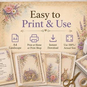 May include: A digital printable stationery set featuring floral and rabbit illustrations on aged paper. The set includes a printing guide with instructions, multiple decorative sheets, and icons for A4 landscape, home printing, and instant download.