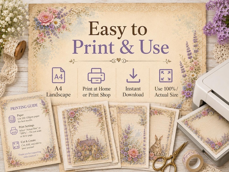 May include: A digital printable stationery set featuring floral and rabbit illustrations on aged paper. The set includes a printing guide with instructions, multiple decorative sheets, and icons for A4 landscape, home printing, and instant download.