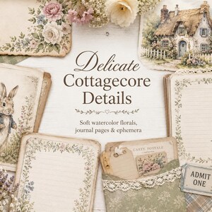May include: A collection of stationery featuring watercolor illustrations of a rabbit, a cottage, and floral borders. The text reads Delicate Cottagecore Details, Soft watercolor florals, journal pages & ephemera, Carte Postale, and Admit One.