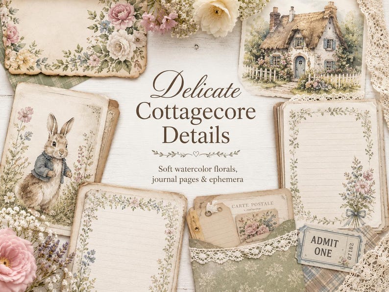 May include: A collection of stationery featuring watercolor illustrations of a rabbit, a cottage, and floral borders. The text reads Delicate Cottagecore Details, Soft watercolor florals, journal pages & ephemera, Carte Postale, and Admit One.