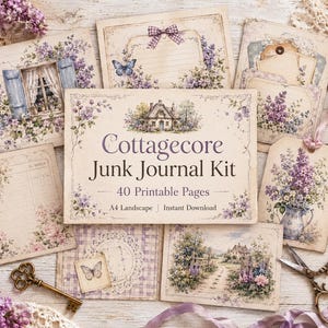 May include: A printable junk journal kit featuring 40 pages with floral, cottage, and butterfly illustrations in shades of purple and cream. The central page displays the text Cottagecore Junk Journal Kit, 40 Printable Pages, A4 Landscape, Instant Download.