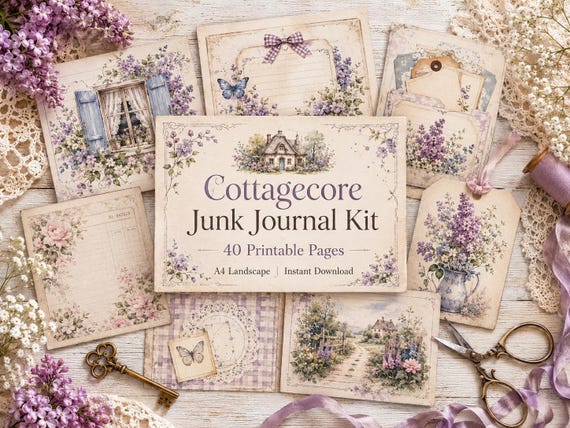 Cottagecore Junk Journal Kit. 40 A4 Printable Pages, Ephemera & Backgrounds
