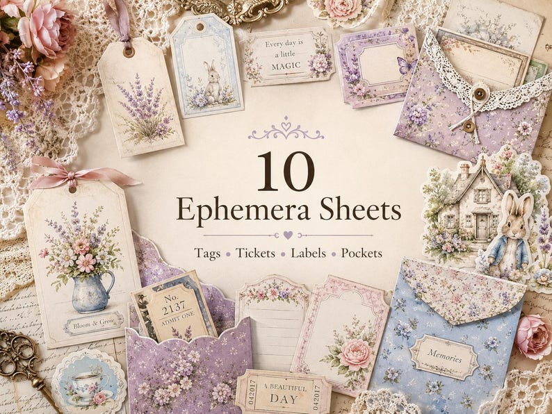 May include: A collection of 10 ephemera sheets featuring tags, tickets, labels, and pockets with floral, lavender, and rabbit illustrations. The set includes paper items with text such as 10 Ephemera Sheets, Every day is a little MAGIC, and Memories.