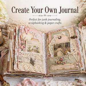 May include: An open junk journal featuring layered pages with floral patterns, lace trim, paper tags, and vintage-style illustrations. The pages include pockets, a small metal butterfly embellishment, and a printed quote. The text reads Create Your Own Journal.
