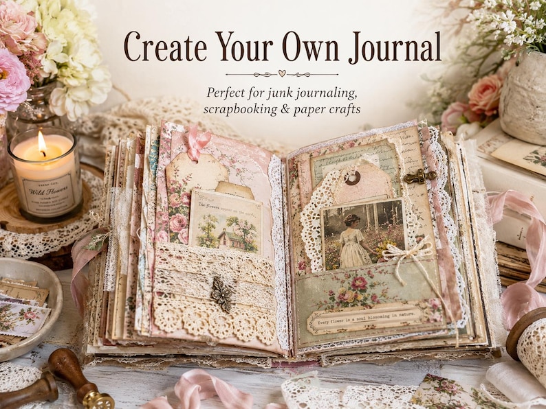 May include: An open junk journal featuring layered pages with floral patterns, lace trim, paper tags, and vintage-style illustrations. The pages include pockets, a small metal butterfly embellishment, and a printed quote. The text reads Create Your Own Journal.