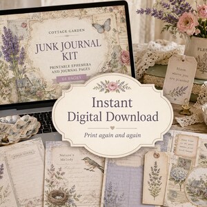 May include: A digital junk journal kit featuring 64 printable pages and ephemera with lavender, butterfly, and cottage garden illustrations. The screen displays the text Cottage Garden Junk Journal Kit and Instant Digital Download.