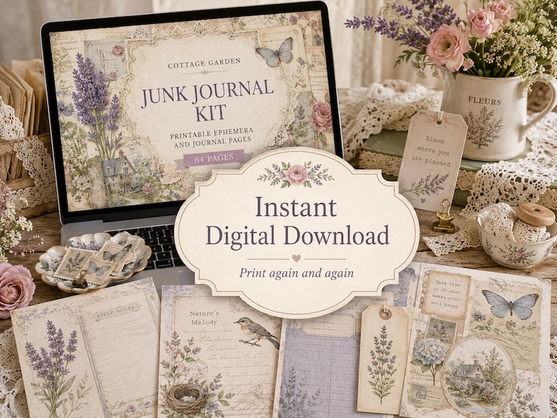May include: A digital junk journal kit featuring 64 printable pages and ephemera with lavender, butterfly, and cottage garden illustrations. The screen displays the text Cottage Garden Junk Journal Kit and Instant Digital Download.