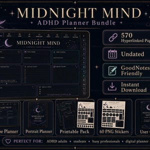 ADHD Digital Planner Bundle, 570-sidor Dark Mode iPad GoodNotes PDF, Printables & Stickers