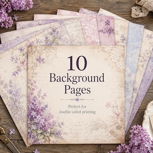 May include: A set of 10 background pages featuring vintage-style floral designs with purple lilacs, lace patterns, and script text. The top sheet displays the text 10 Background Pages and Perfect for double-sided printing in dark purple font.