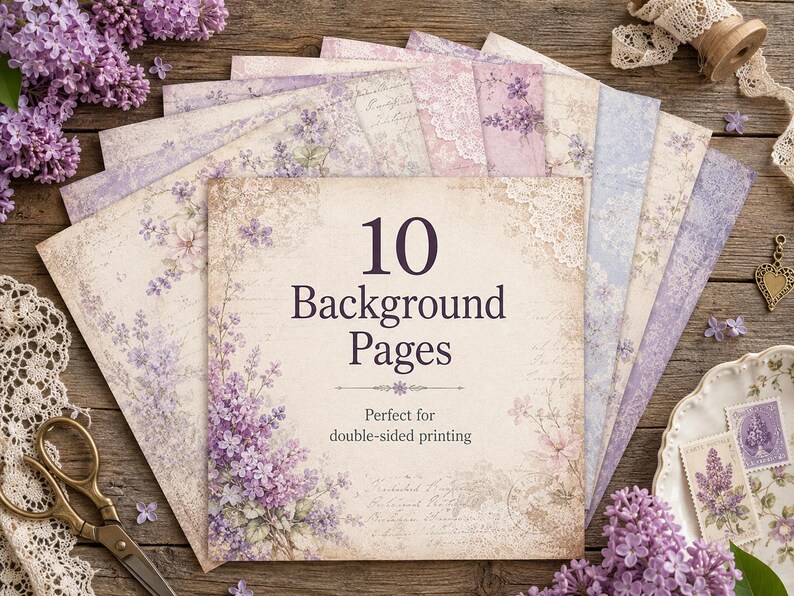May include: A set of 10 background pages featuring vintage-style floral designs with purple lilacs, lace patterns, and script text. The top sheet displays the text 10 Background Pages and Perfect for double-sided printing in dark purple font.
