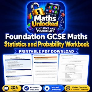 Puede incluir: Un cuaderno de trabajo "Foundation GCSE Maths Statistics and Probability", disponible como descarga PDF. La portada muestra un candado, calculadora, dados y un gráfico. El cuaderno incluye 206 páginas, respuestas y ejemplos.