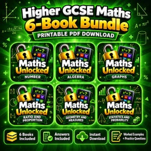 May include: A digital bundle of six Higher GCSE Maths books in PDF format. Each book cover features a gold padlock, a calculator, and the text Maths Unlocked with specific topics: Number, Algebra, Graphs, Ratio and Proportion, Geometry and Measures, and Statistics and Probability.