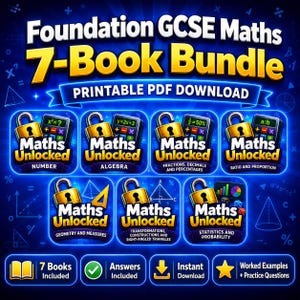 Könnte beinhalten: Eine blaue Grafik, die ein 7-Bücher-Paket für Foundation GCSE Maths bewirbt. Das Bild enthält den Text "Foundation GCSE Maths 7-Book Bundle" und "Printable PDF Download". Jedes Buchcover ist mit einem Mathematik-Thema beschriftet.