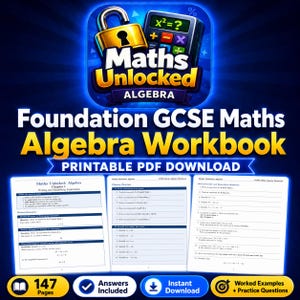Puede incluir: Descarga digital de un Cuaderno de Álgebra de Matemáticas GCSE de Fundamentos. La portada presenta un candado, una calculadora y el texto "Maths Unlocked Algebra". El cuaderno incluye 147 páginas, respuestas y ejemplos.