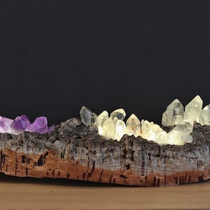 May include: A decorative piece featuring a long, textured piece of natural cork bark. Embedded within the bark are clusters of raw crystals, including a group of purple amethyst on the left and two groups of clear, translucent quartz on the right.
