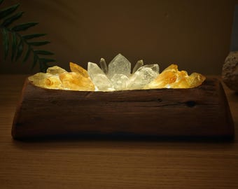 Handmade Pine Crystal Lamp | Clear Quartz & Citrine LED Light