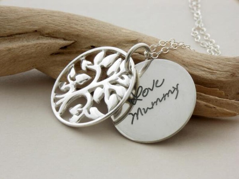 Handwriting jewelry 925 silver tree of life necklace, Love notes in silver, personalized handwriting, Mom Dad keepsake, Gift for daughter image 1