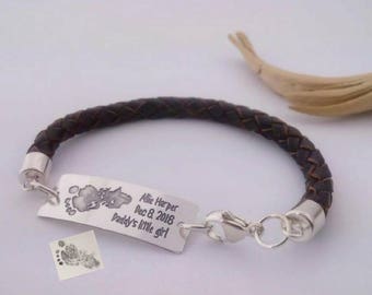 Gift for new Dad, Your Babys actual Footprint or Handprint 925-silver handmade BOLO leather bracelet, Daddy's little girl boy bracelet