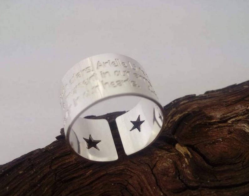 Twin HEART or Star cut out wide band Ring, Unique gift for her, Star Moon jewelry, Word Ring, Custom engraving handmade sterling silver ring image 7