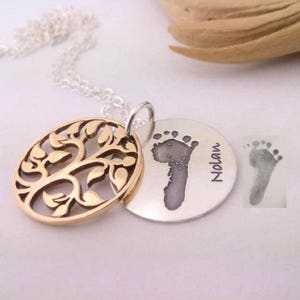 Baby's actual Foot or Handprint, Child loss Memorial necklace, custom engraved handmade 925silver tree of life, sympathy gift for Her image 1