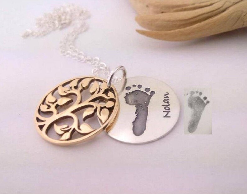 Baby's actual Foot or Handprint, Child loss Memorial necklace, custom engraved handmade 925silver tree of life, sympathy gift for Her image 1