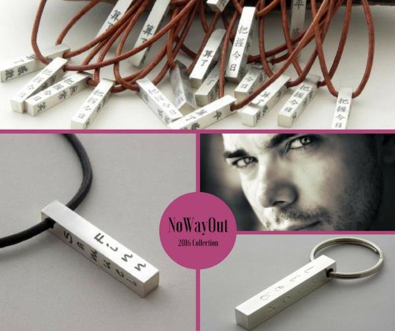 Personalized Men's necklace/key ring Chinese/Japanese or custom engraved silver bar, Leather Jewelry for him, Daddy Husband Boyfriend gift image 2