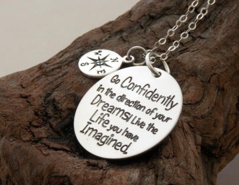 Gift for Graduate, custom engraved handmade sterling silver necklace/keyring Go confidently in the direction of your dreams Compass Charm image 2