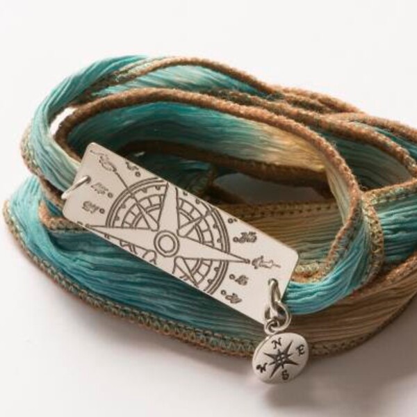 Hand Dyed Silk Wrap Compass custom coordinates Bracelet, Boho Chic Gift for Her, GPS location bracelet, Traveler nautical jewelry Wanderlust