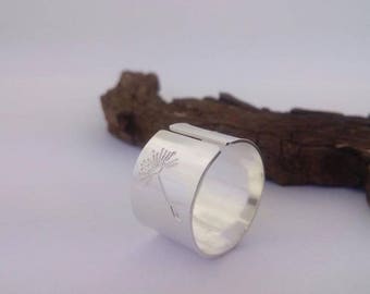 Custom Dandelion engraved wide band Ring, "As you wish" ring, Personalized engraved Handmade sterling silver ring, Romantic quote ring
