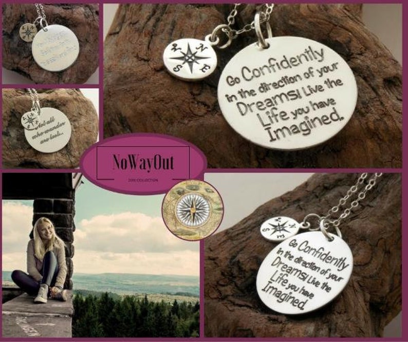 Gift for Graduate, custom engraved handmade sterling silver necklace/keyring Go confidently in the direction of your dreams Compass Charm image 3
