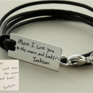 Personalized Handwriting sterling silver/leather bracelet, engraved custom handwritten jewelry, your child's writing, Gift for her, sister image 1