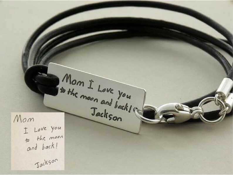 Personalized Handwriting sterling silver/leather bracelet, engraved custom handwritten jewelry, your child's writing, Gift for her, sister image 1