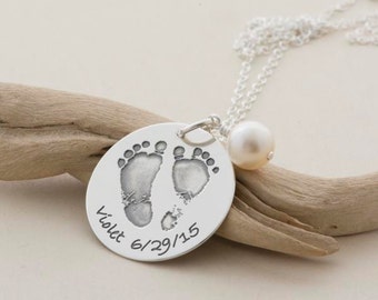 Your Baby's actual Foot print and Hand print, custom engraved handmade sterling silver necklace, new Baby girl or boy, Gift for new MOM