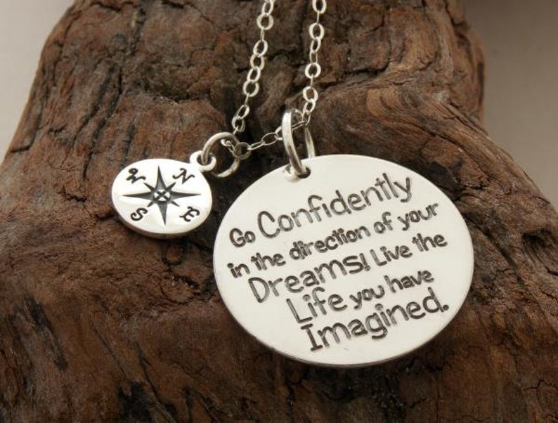 Gift for Graduate, custom engraved handmade sterling silver necklace/keyring Go confidently in the direction of your dreams Compass Charm image 1