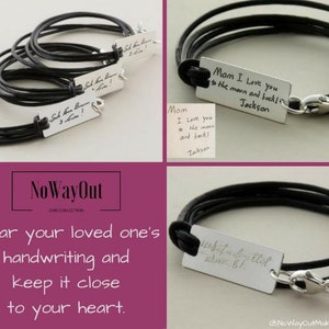 Personalized Handwriting sterling silver/leather bracelet, engraved custom handwritten jewelry, your child's writing, Gift for her, sister image 2