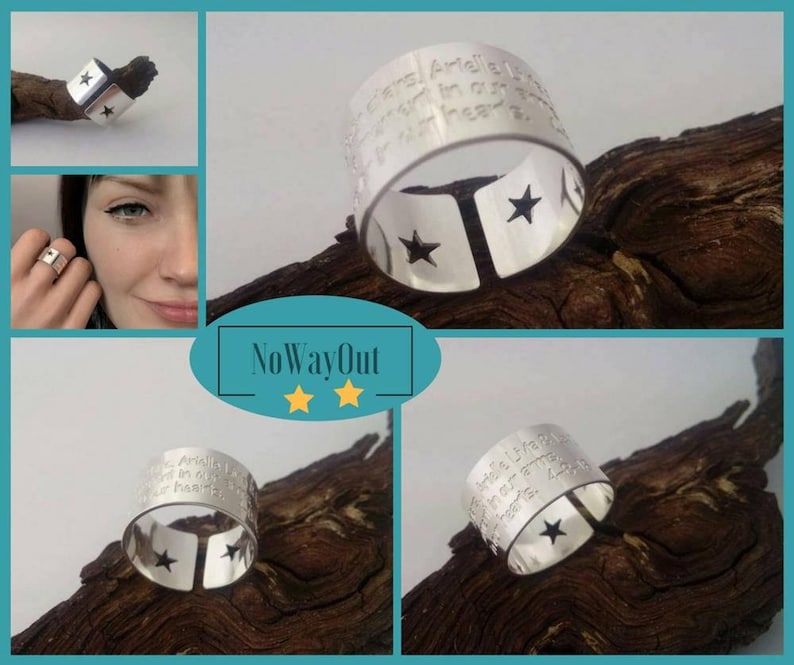 Twin HEART or Star cut out wide band Ring, Unique gift for her, Star Moon jewelry, Word Ring, Custom engraving handmade sterling silver ring image 3