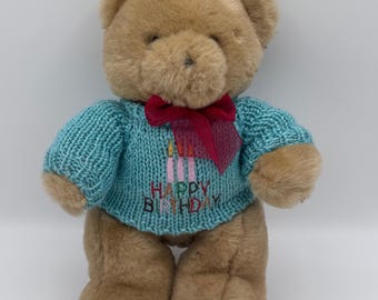 Brown Happy Birthday Teddy Bear Red Bow Aqua Sweater 2004 Michaels