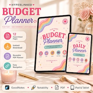 May include: A digital budget and daily planner displayed on two tablets, featuring pastel rainbow accents, pink text, and icons for financial tracking. The screen displays the titles Budget Planner and Daily Planner with sections for goals and notes.