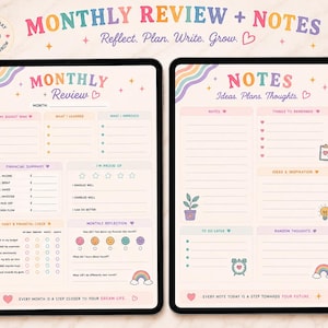 May include: Two digital tablet screens displaying a monthly review and notes planner template. The pages feature pastel colors, rainbow accents, and heart icons. Text includes Monthly Review, Notes, Reflect, Plan, Write, Grow, and Ideas, Plans, Thoughts.
