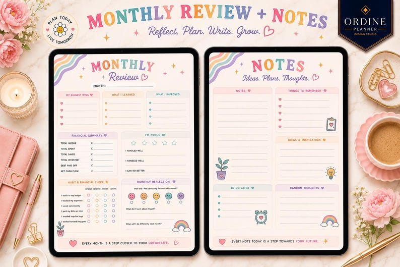 May include: Two digital tablet screens displaying a monthly review and notes planner template. The pages feature pastel colors, rainbow accents, and heart icons. Text includes Monthly Review, Notes, Reflect, Plan, Write, Grow, and Ideas, Plans, Thoughts.