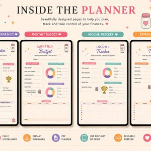 May include: A digital financial planner set featuring four distinct page layouts: Monthly Money Snapshot, Monthly Budget, Income Tracker, and Expense Tracker. Each page includes colorful charts, icons, and text fields for tracking income, expenses, and savings goals on a cream-colored background.