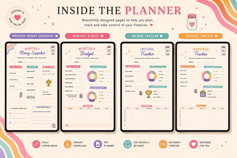 May include: A digital financial planner set featuring four distinct page layouts: Monthly Money Snapshot, Monthly Budget, Income Tracker, and Expense Tracker. Each page includes colorful charts, icons, and text fields for tracking income, expenses, and savings goals on a cream-colored background.