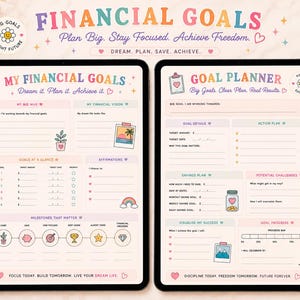 May include: Two digital tablet screens displaying a financial goal planner with a light cream background. The left screen features sections for My Financial Goals, Goals at a Glance, and Milestones. The right screen shows a Goal Planner with sections for savings plans, potential challenges, and progress bars, decorated with colorful icons.